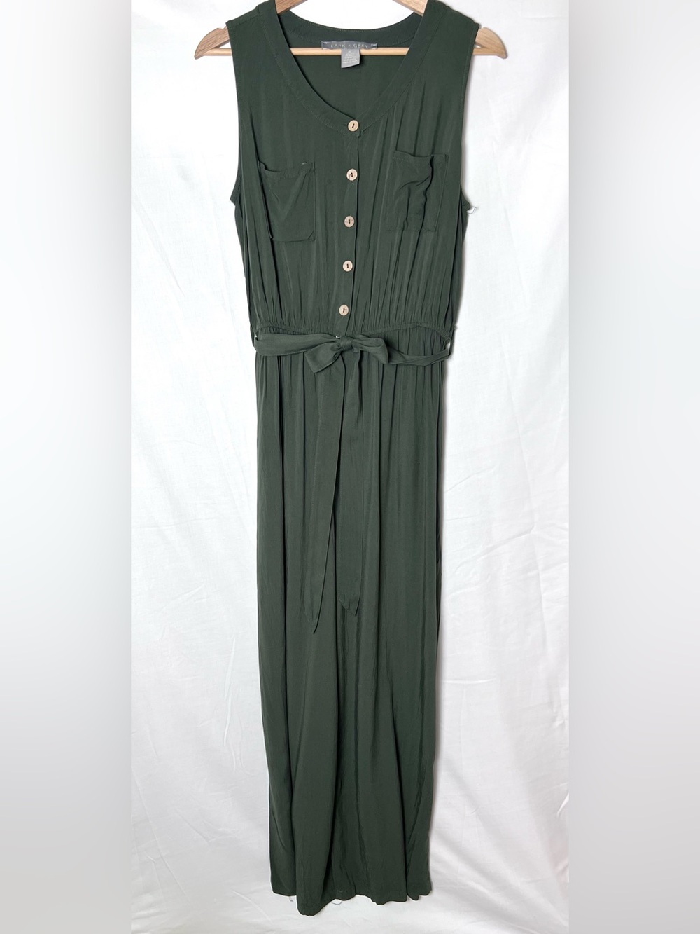 Sleeveless Button-Front Belted Jumpsuit in Deep Olive